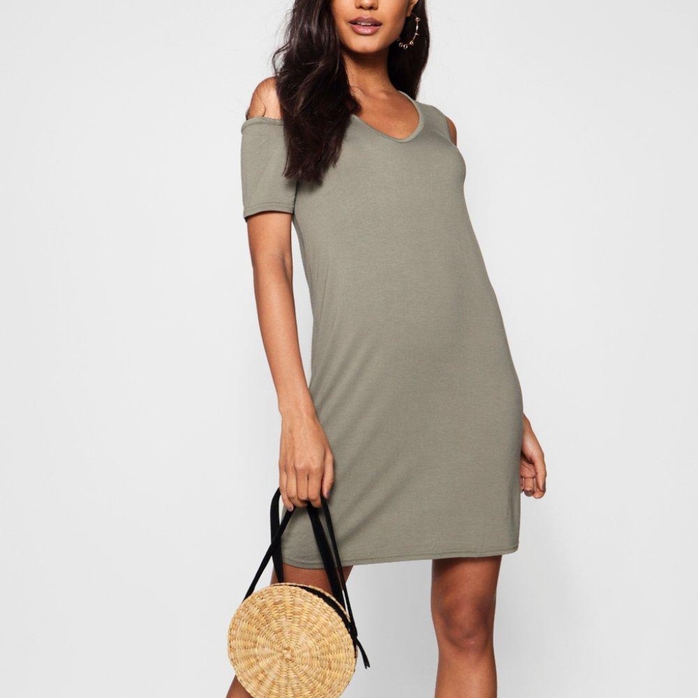 Boohoo Basic V Neck Cold Shoulder Swing Dress